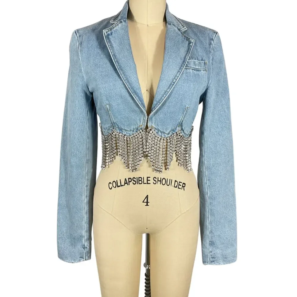 Area Cropped Light Blue Scalloped Crystal Denim Blazer Size 2